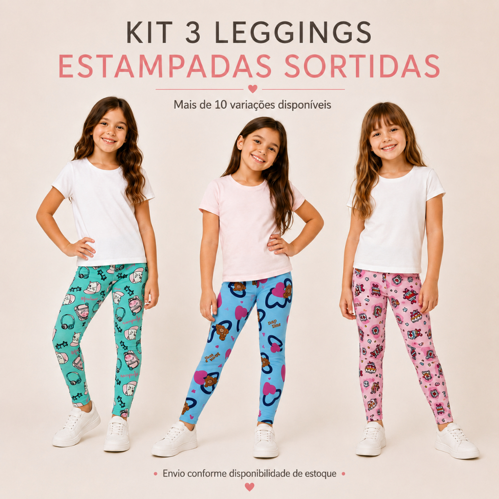 Kit 3 Leggings Infantil Feminina Estampadas Sortidas Cotton 96% Algodão 4% Elastano Calça Leg Confortável Menina Tamanho