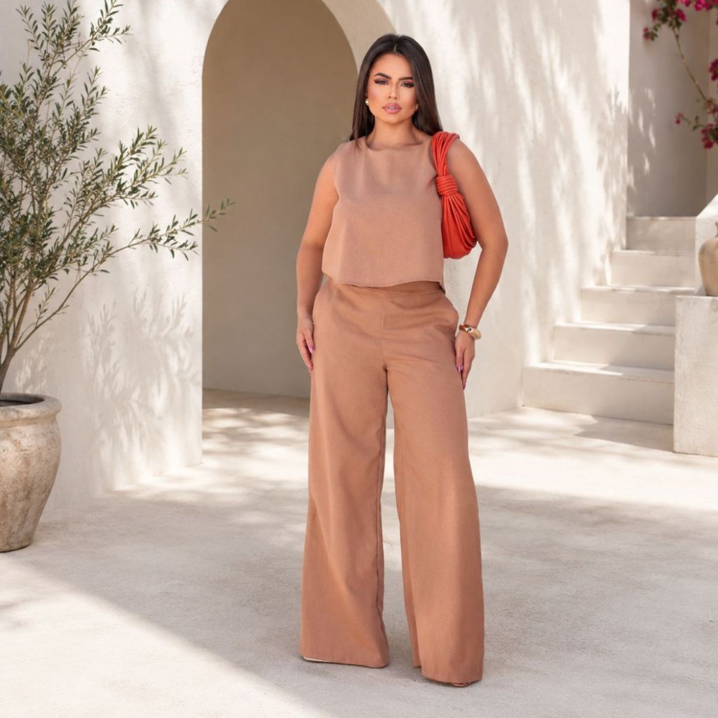 Conjunto Feminino Linho Premium Regata + Calça Pantalona Elegante Leve Atemporal Sofisticado
