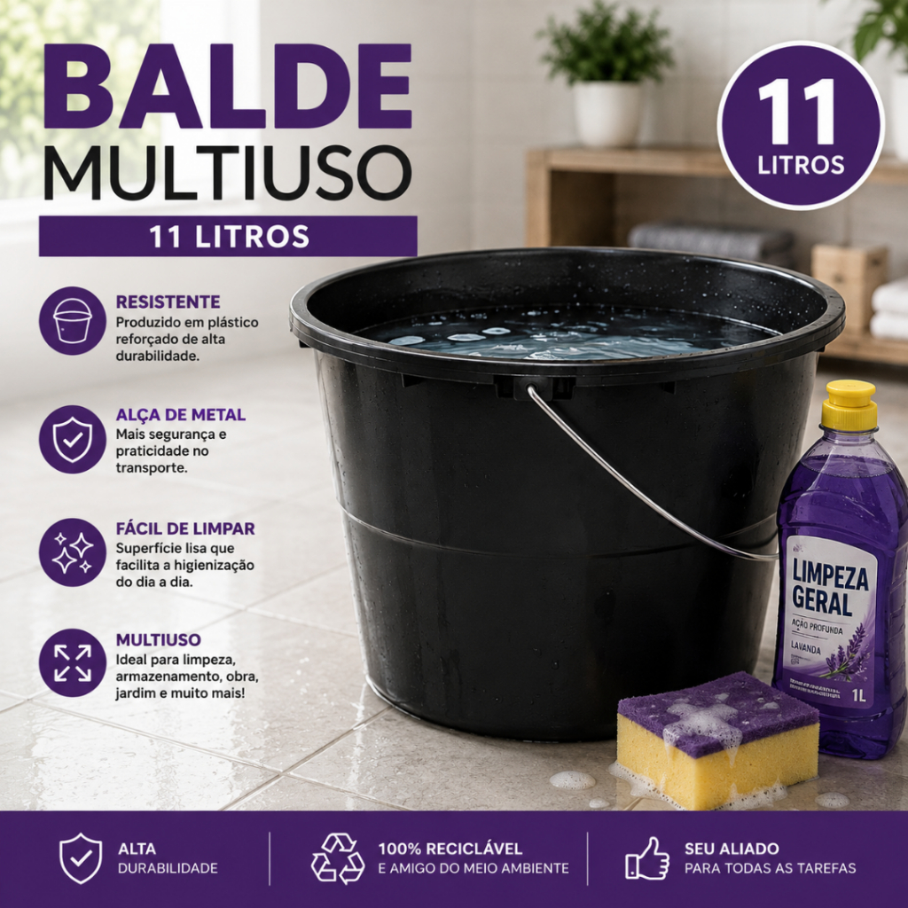 Kit Balde 11L Reforçado Preto Plástico com Alça Metal Resistente para Limpeza Multiuso Lavanderia