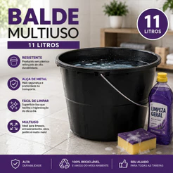 Kit Balde 11L Reforçado Preto Plástico com Alça Metal Resistente para Limpeza Multiuso Lavanderia