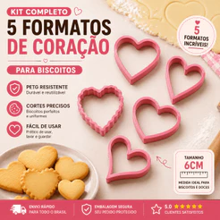 Kit 5 Cortadores de Biscoito Formato Coração Criativos Ideal para Biscoito Amanteigado fácil de limpar
