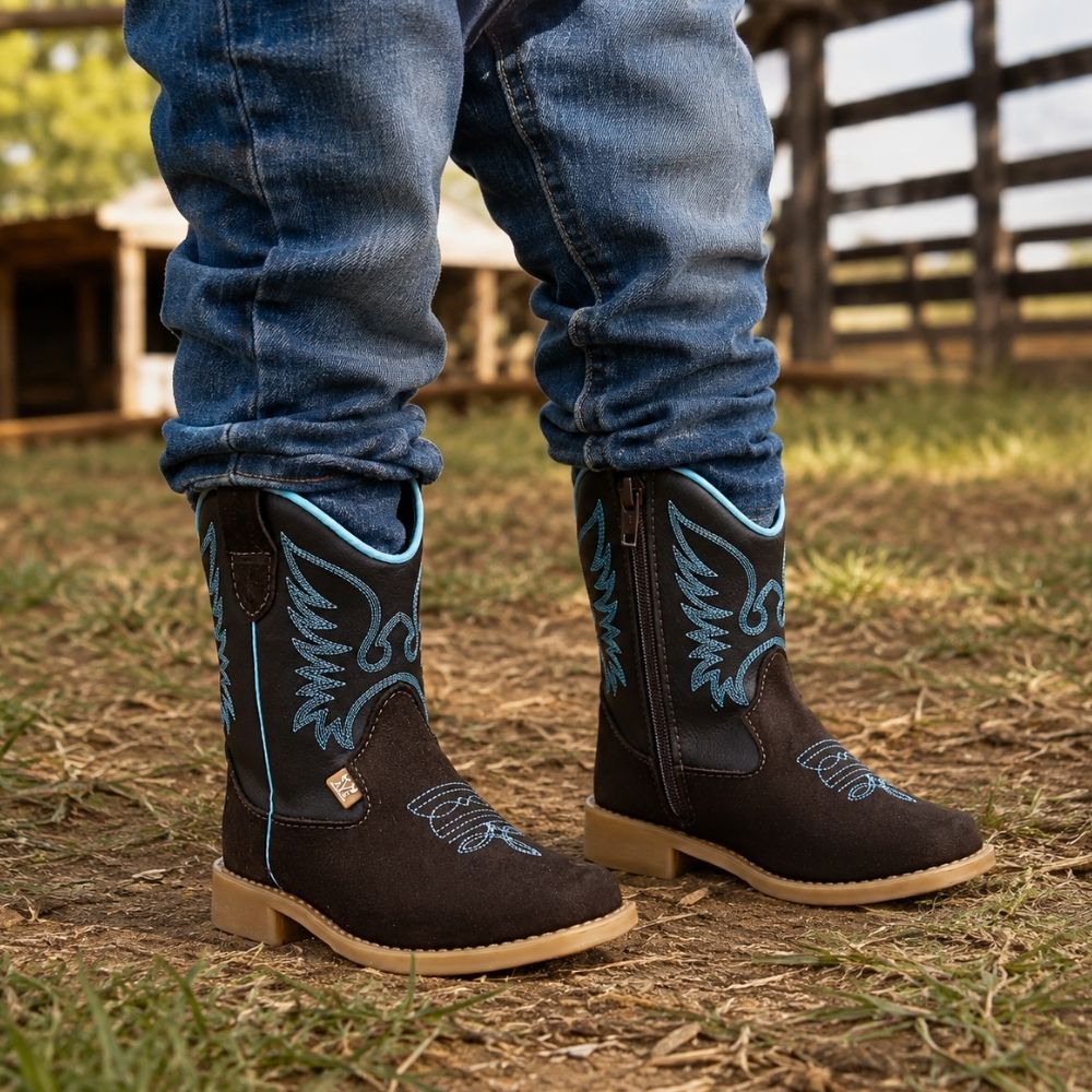 Bota Botina Texana Infantil Masculina Couro Legítimo Bordada Confortável Country Lançamento Masculina Menino Cano Médio