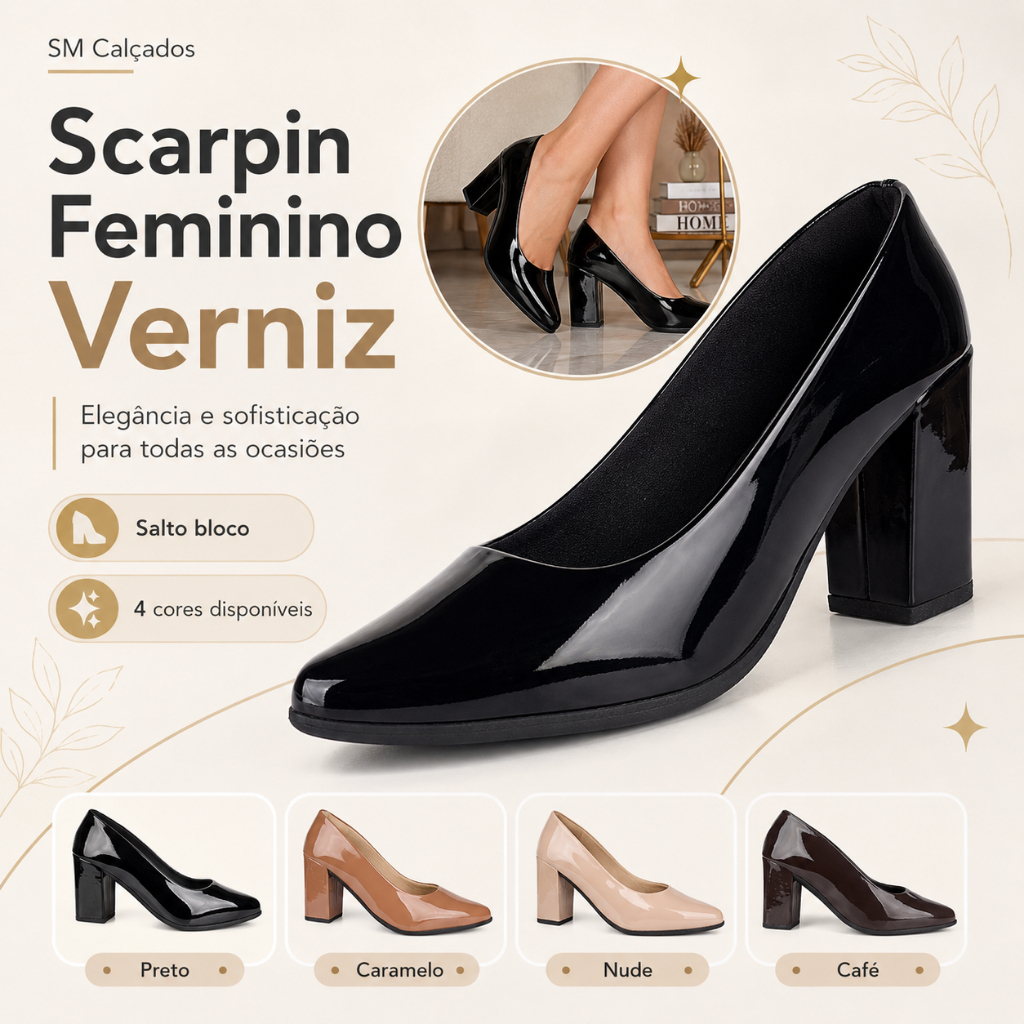 Scarpin Feminino Verniz Salto Bloco Elegante Social Confortável Bico Quadrado Trabalho Festa