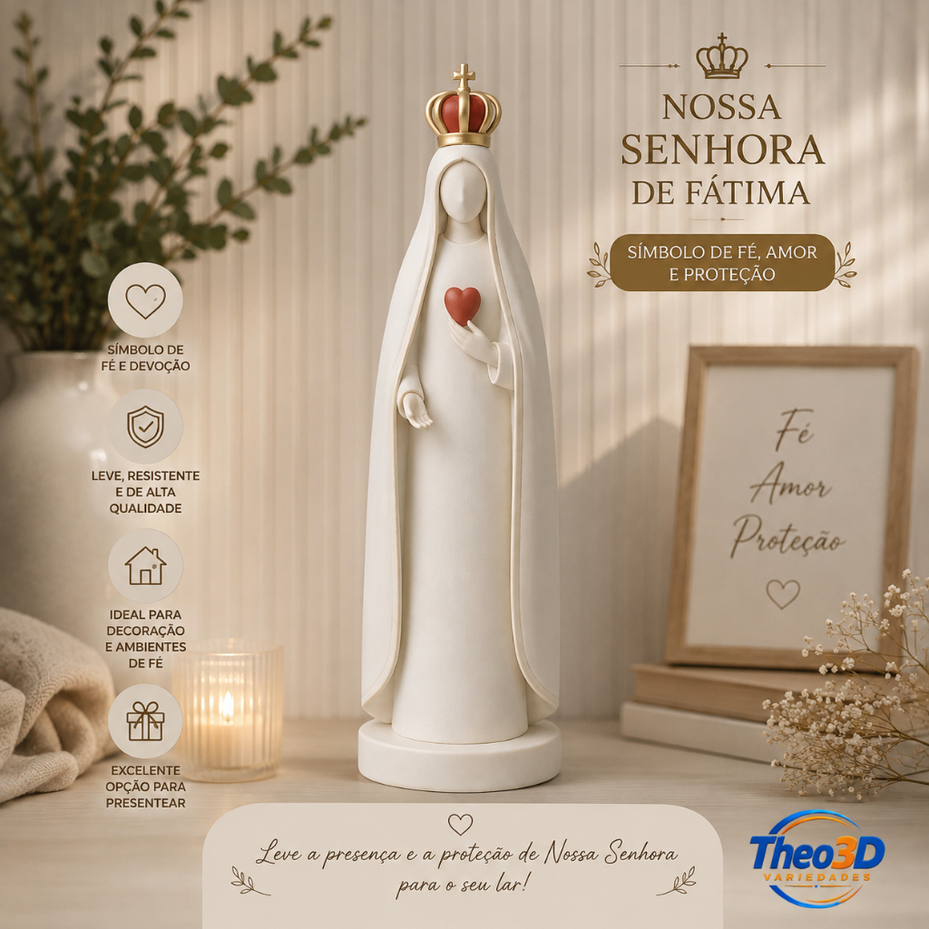 Nossa Senhora de Fátima com Coração  Estátua Religiosa em Impressão 3D para Decoração e Presente