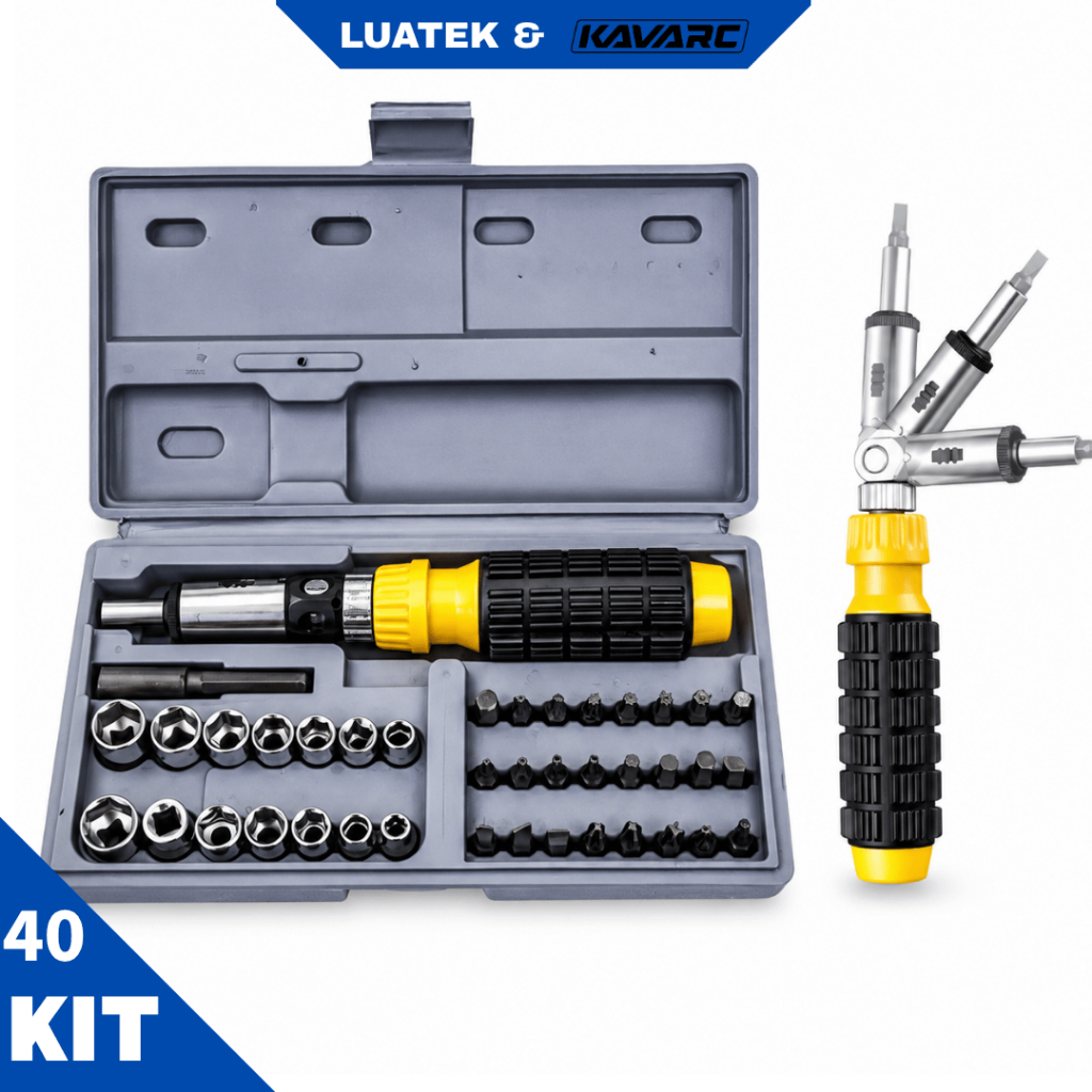 Kit Chave de Impacto Manual Reversível 40 Peças com Bits e Soquetes Articulada LUATEK