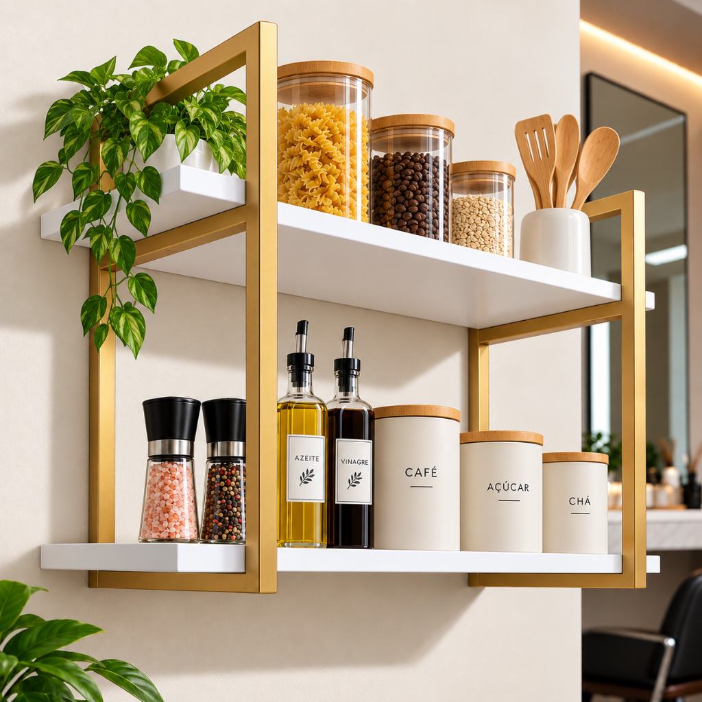 Prateleira Industrial Suspensa MDF Organizador Parede Suporte Nicho Sala Cozinha Quarto Livros Pote