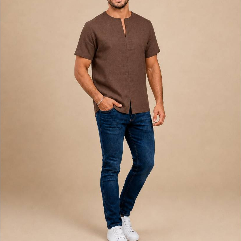 Camisa Masculina Bata Gola V Manga Curta Linho Premium Casual Confortável Sem Botões Verão