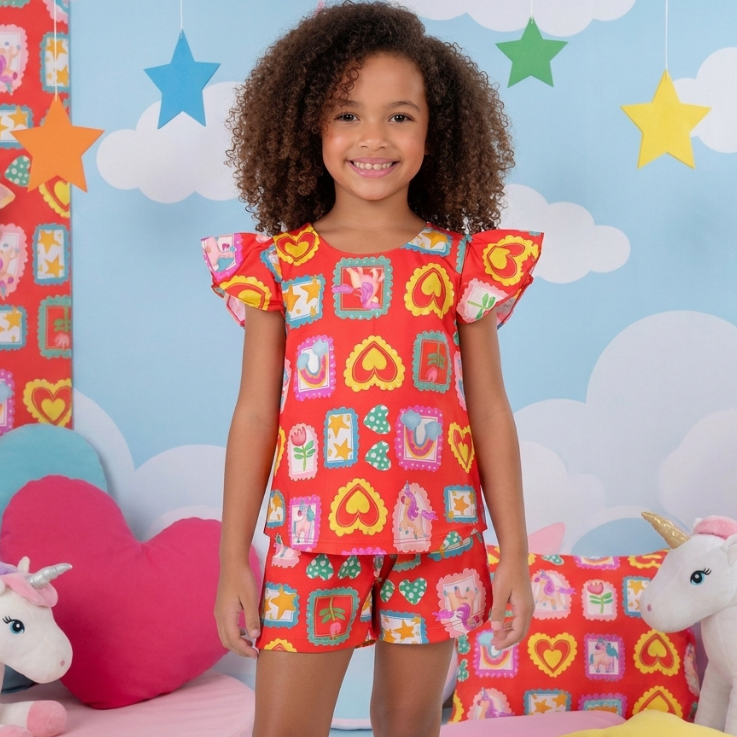 Conjunto Infantil Feminino Elegante Blusa + Short Roupa Arrumadinha Confortável