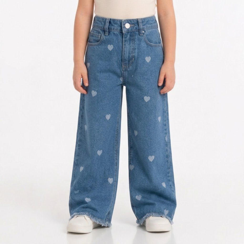 Calça Jeans Wide Leg Infantil Menina Coração 100% Algodão Premium 4 ao 8 anos