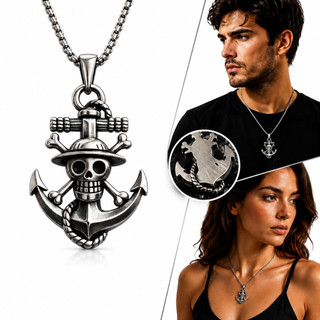Colar One Piece Âncora Caveira Aço Inoxidável Pingente Viking Gótico Masculino Feminino