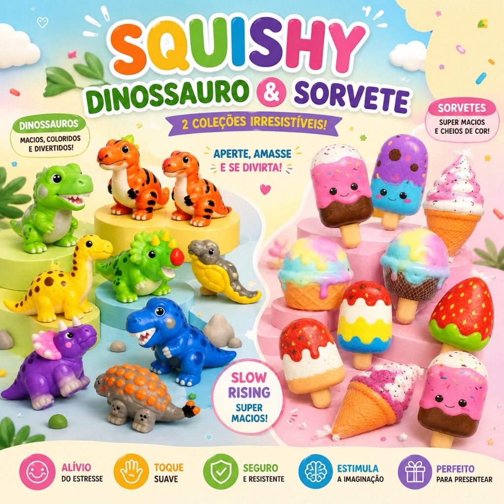 Brinquedo Squishy Infantil Dino Sorvete Fidget Toy Macio Apertar Antiestresse