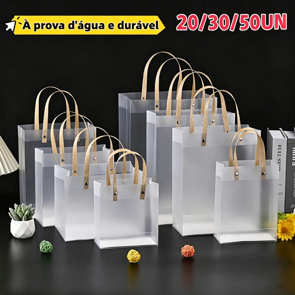 10 A 20 Sacolas Transparentes de PVC com Alça - Fosco e Reutilizáveis Presente Lembrancinha Fosca