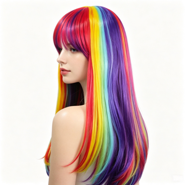 Peruca Longa Lisa Arco-Íris Colorida para Festas e Cosplay 60cm