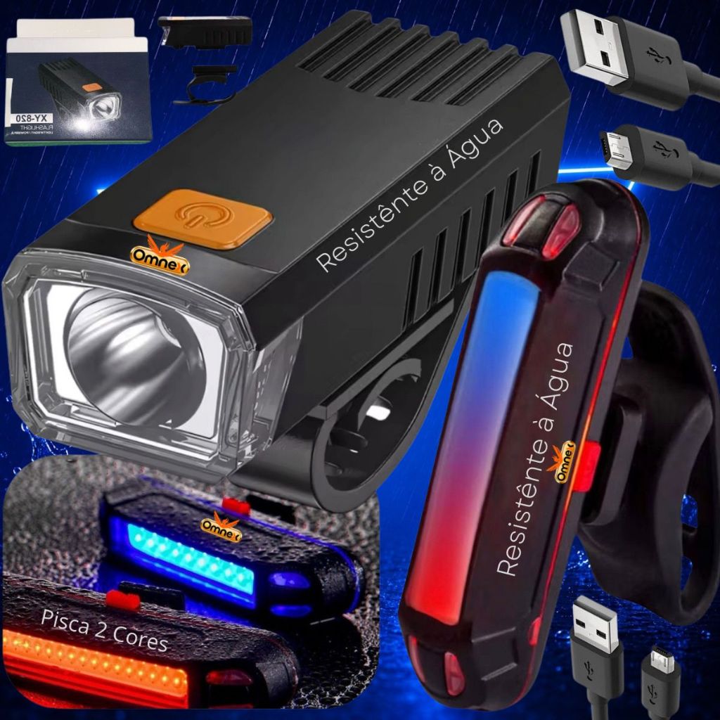 Kit Farol Bicicleta Bike LED USB Recarregavel Lanterna Sinalisador Traseiro Resistente à água