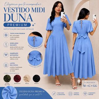 Vestido Midi Feminino com Manga Bufante Tecido Duna com Lastex nas Costas Moda 2026