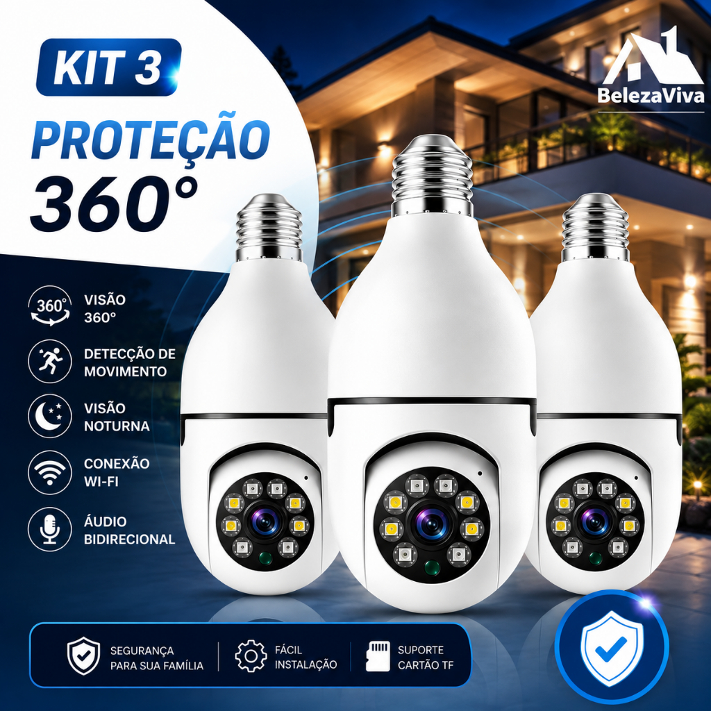 Câmera de Segurança Wi-Fi com Lâmpada Full HD 360° com Visão Noturna Infravermelho e Microfone IP66 Impermeável 8177