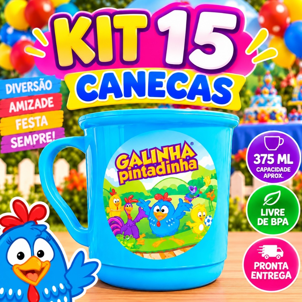 Kit 15 canecas 375 ML personalizada galinha pintadinha lembrancinha aniversario festa infantil