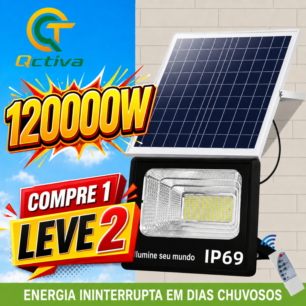Qctiva Refletor LED Solar Premium IP69 Resistente à Água com Painel Solar Luz Externa Super Potente para Jardim e Garage