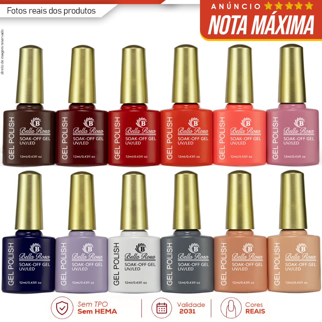 Kit 12 Esmaltes em Gel Led Uv COLEÇÕES p/ Unhas Manicure 12ml Bella Rosa
