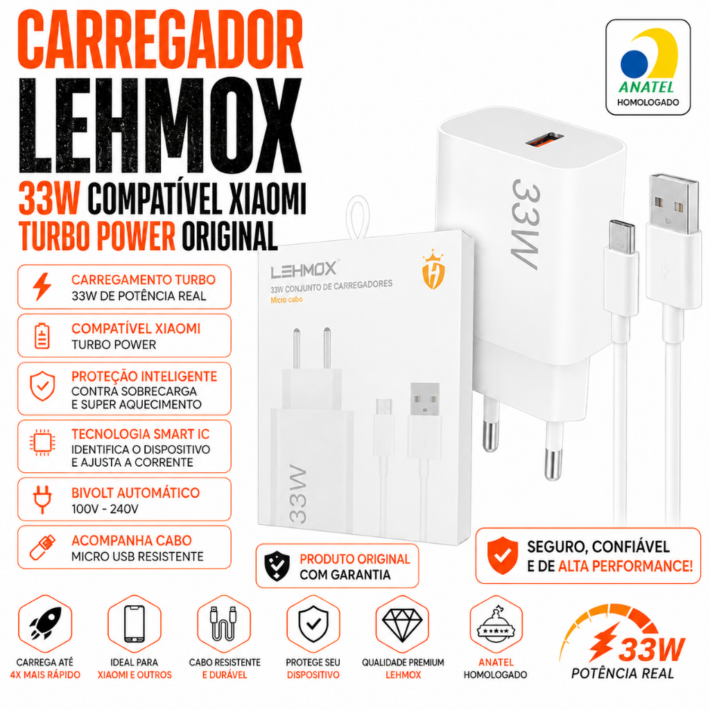 Carregador Lehmox 33w Compatível Xiaomi Motorollla Samsnng Turbo Power Original Mi8 Mi9 Redmi Tipo-C 13C Note 13 POCO
