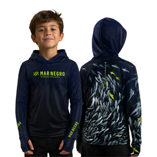 camiseta infantil pesca mar negro com capuz e luva X-Potection sublimada proteção solar 50+uv criança