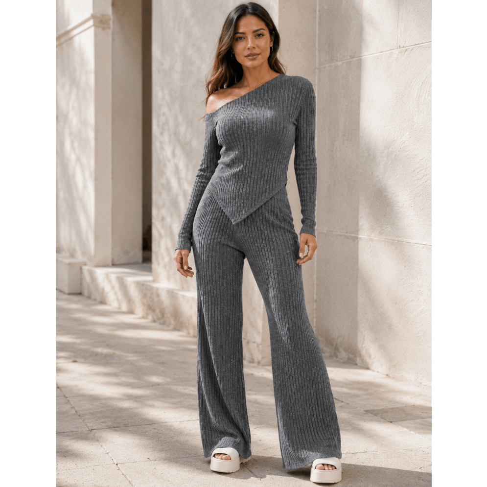 Conjunto Feminino Elegante Blusa Assimétrica e Calça Pantalona de Lã Canelada Casual Social Conforto Inverno Frio '