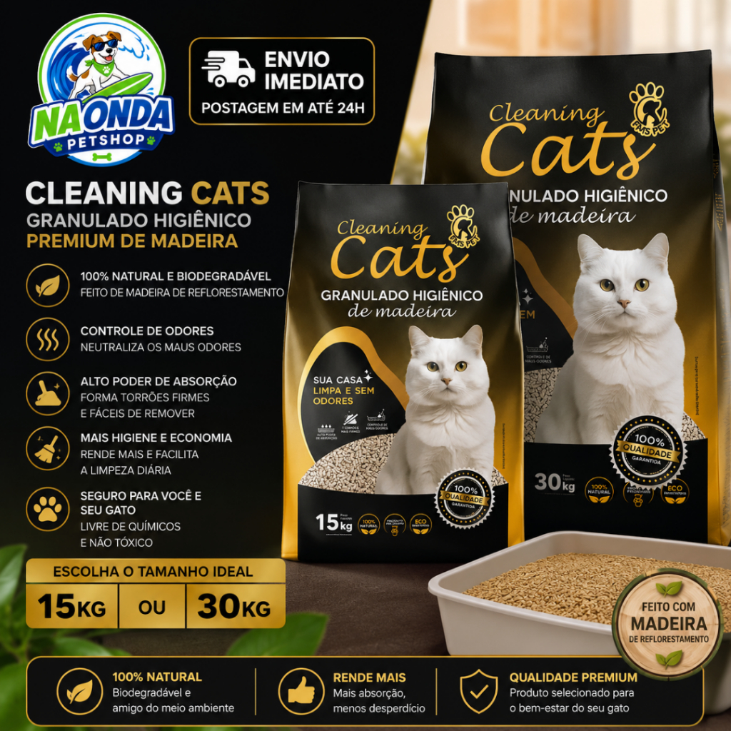Granulado Cleaning Cats Madeira Controle de Odores para Gatos 15/30kg - Envio Imediato