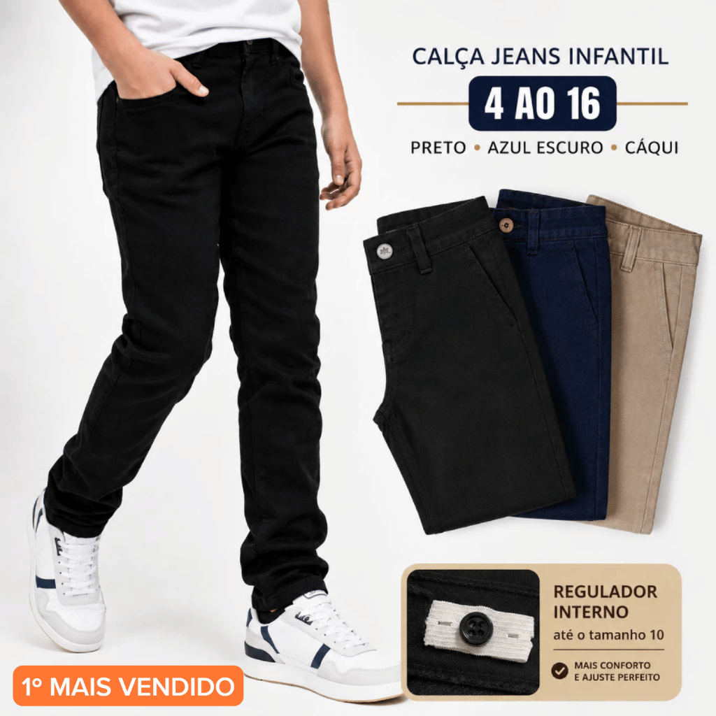 Calça Jeans Infantil Masculina Lycra Tradicional Tam 4 ao 16 Regulador Interno Menino