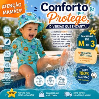 kit Bebê Blusa com Proteção Solar UV50 +  Tapa Fralda (sunga) e Chapéu Moda Praia e Piscina Meninos...