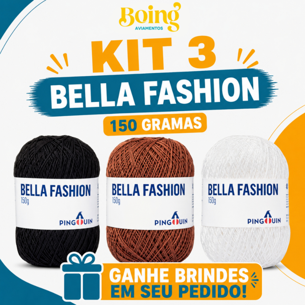 Kit 3 Novelos Linha Fio Bella Fashion 150g 508 metros Pingouin - Crochê / Tricô + Agulha 9cm e Marcador Cadeado