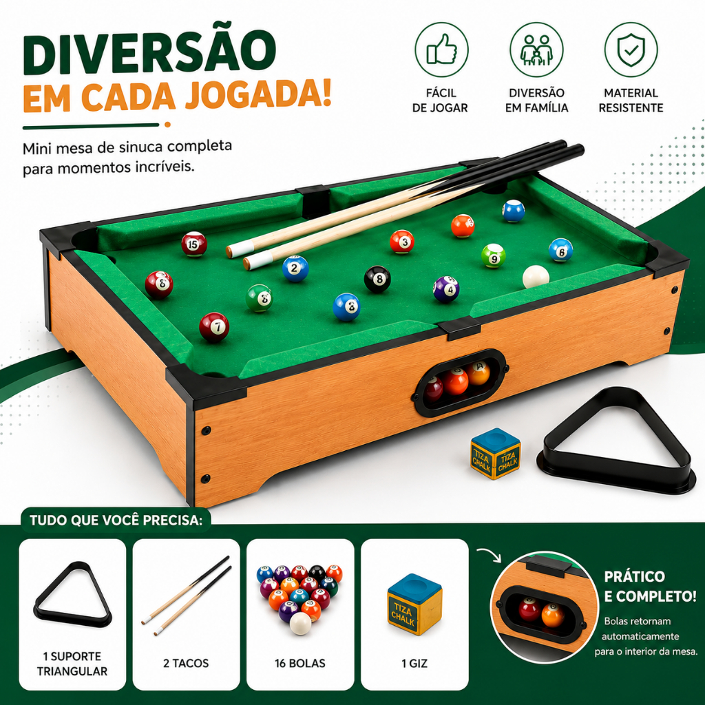 Mini Mesa de Sinuca Infantil Bilhar Portátil Completa com 16 Bolas 2 Tacos e Triângulo — imagem 2 de 2