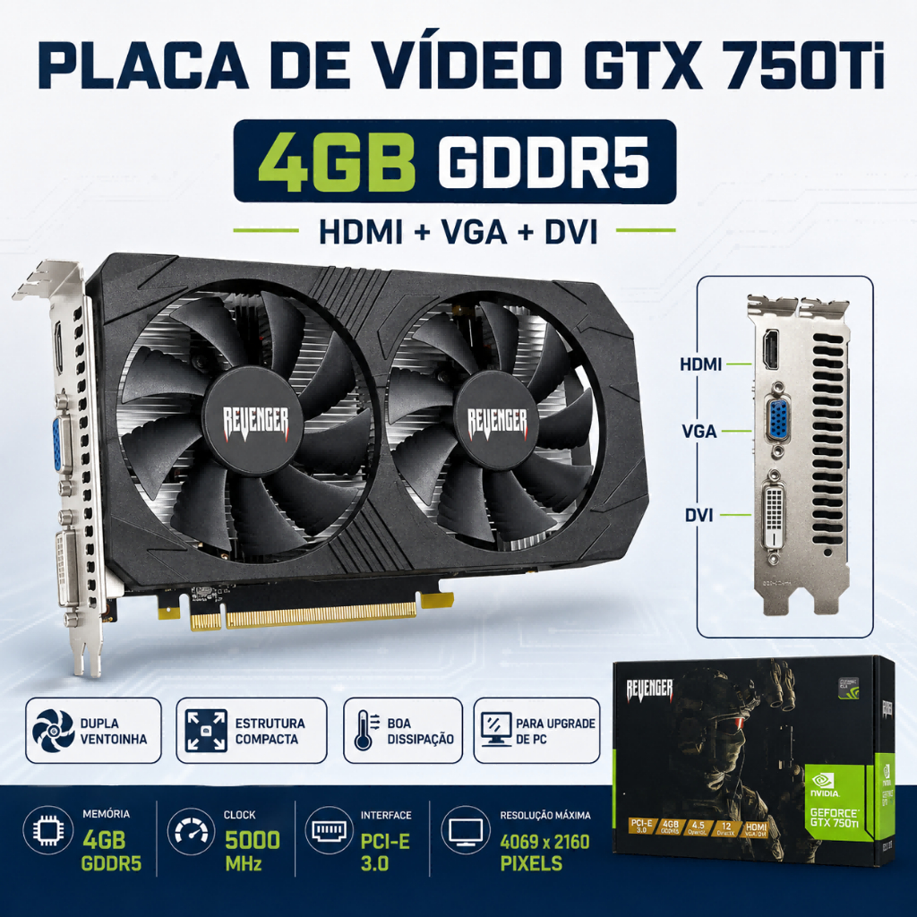 Placa de Vídeo GTX 750Ti 4GB GDDR5 com HDMI VGA DVI Dupla Ventoinha para PC Suporta Até 3 Monitores