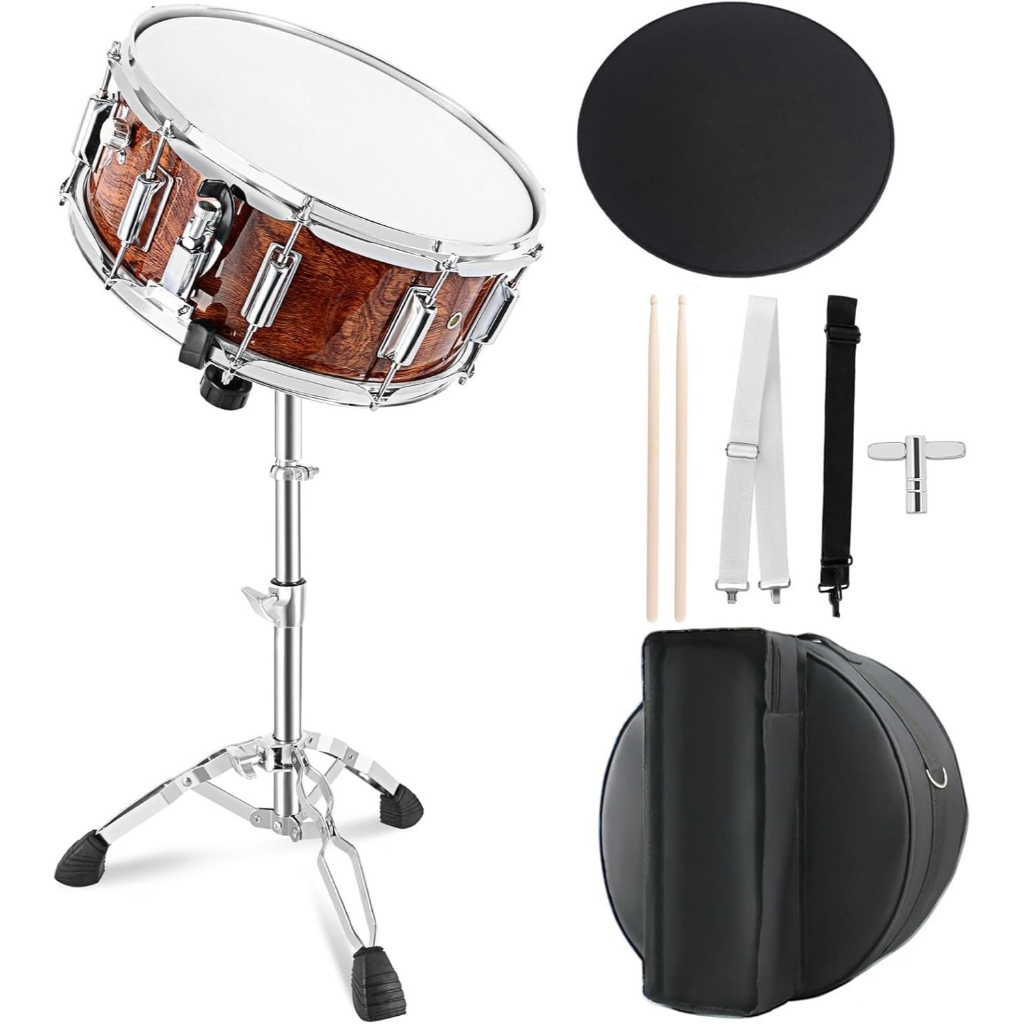 VEDO Kit Caixa de Bateria 14x5,5" para Iniciantes com Suporte, Bolsa de Transporte, Baquetas e Chave