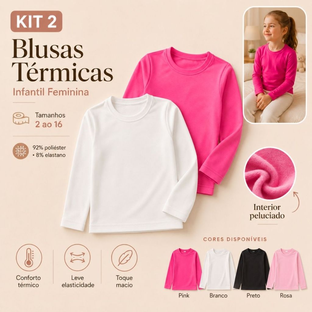 Kit 2 Blusa Térmica Peluciada Menina Infantil Juvenil Inverno Frio Manga Comprida Lisa Segunda Pele