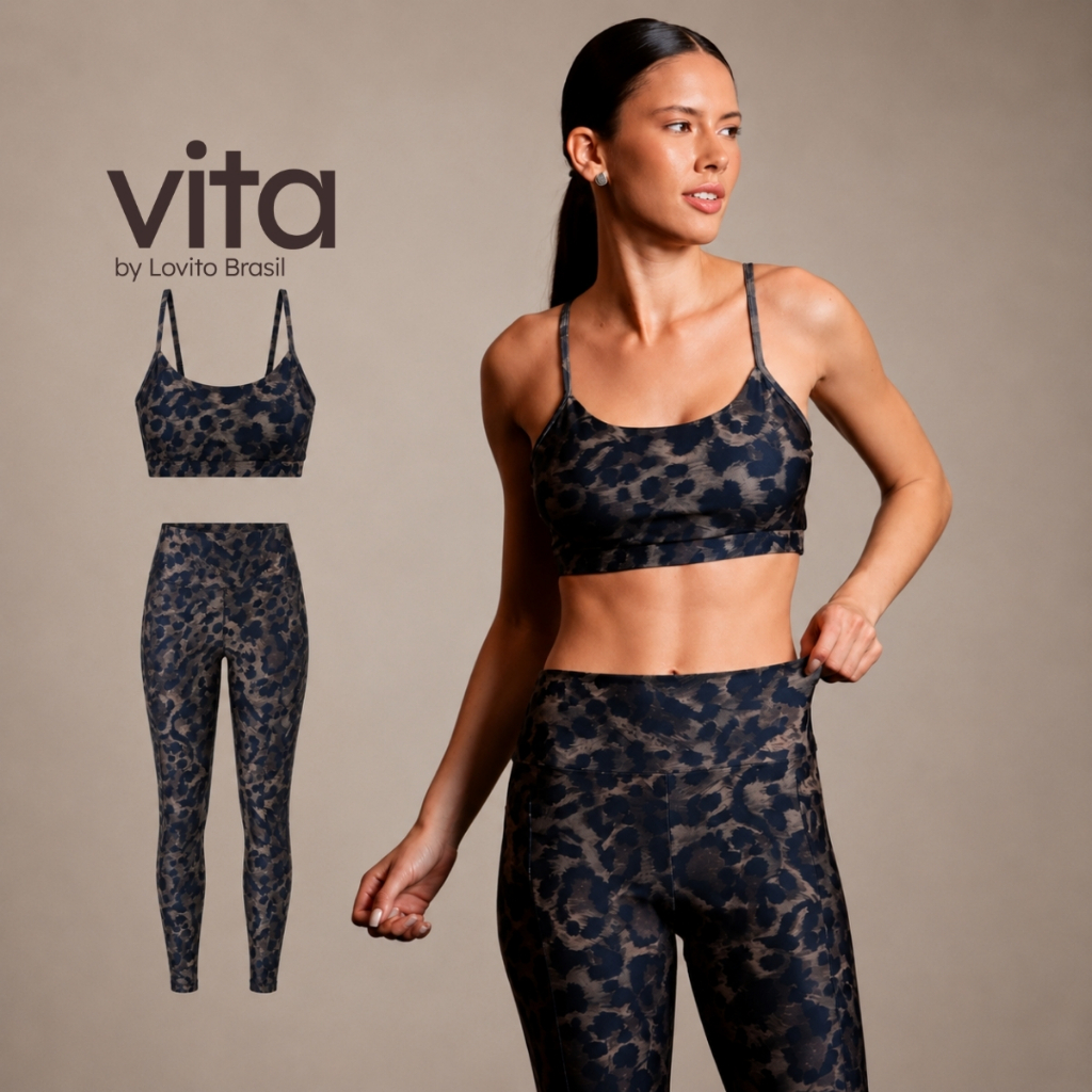 Lovito Vita Kit Top Alça Fina com Bojo + Legging com Bolso Esportiva Estampado SBB20132044