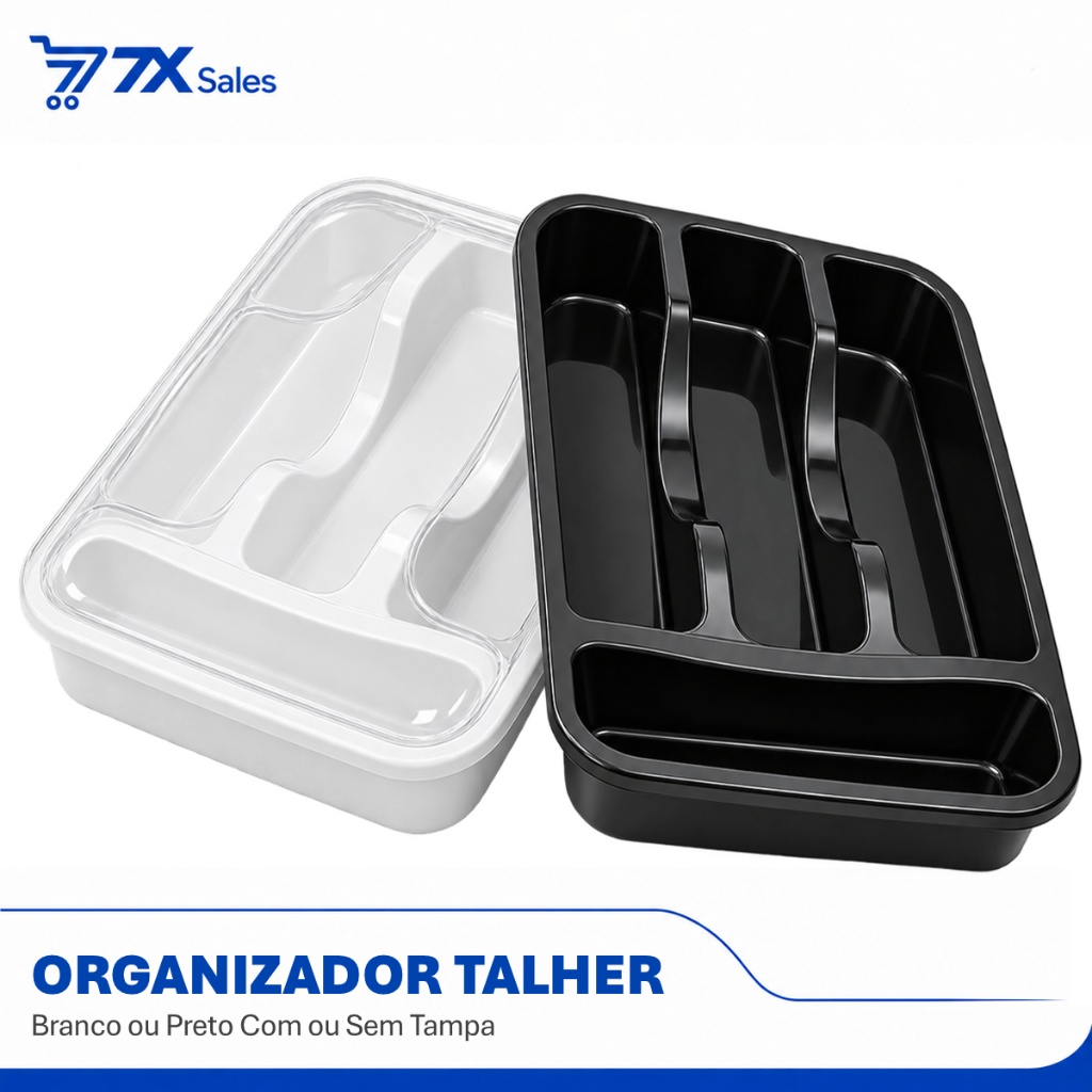 Organizador de Talheres 4 Divisórias Branco ou Preto Com ou Sem Tampa