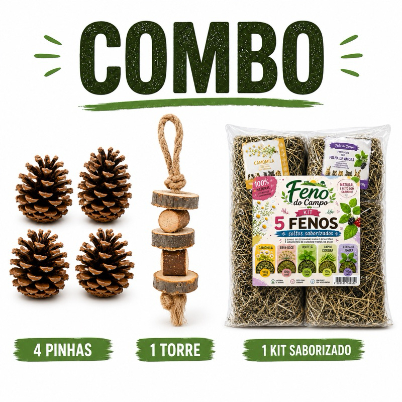 Kit 5 Fenos Saborizados + 4 Pinhas + Torre de Madeira - Combo Feno do Campo Para Roedores