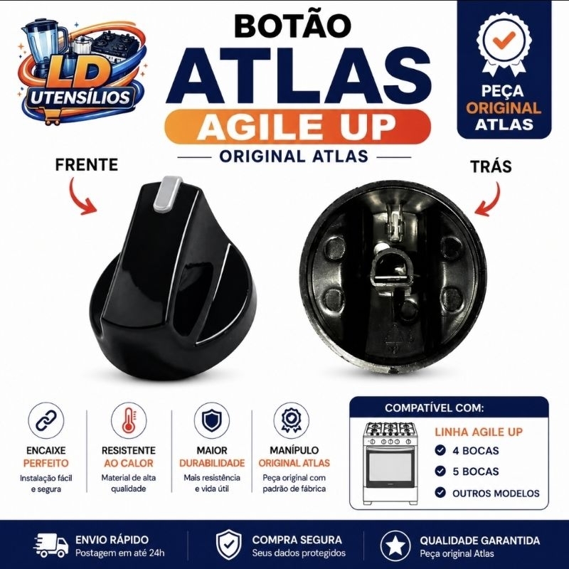 Botão Fogão Atlas Agile Up Glass U Top 4 ou 5 Bocas Original Preto Compatível Forno Envio Rápido