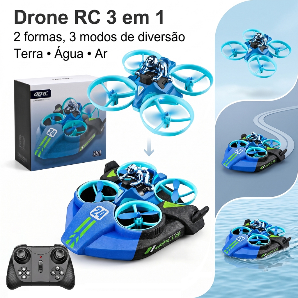 Brinquedo 3 em 1 Terrestre, Aquático e Aéreo - Moto Aquática Comboio RC com Controle Remoto