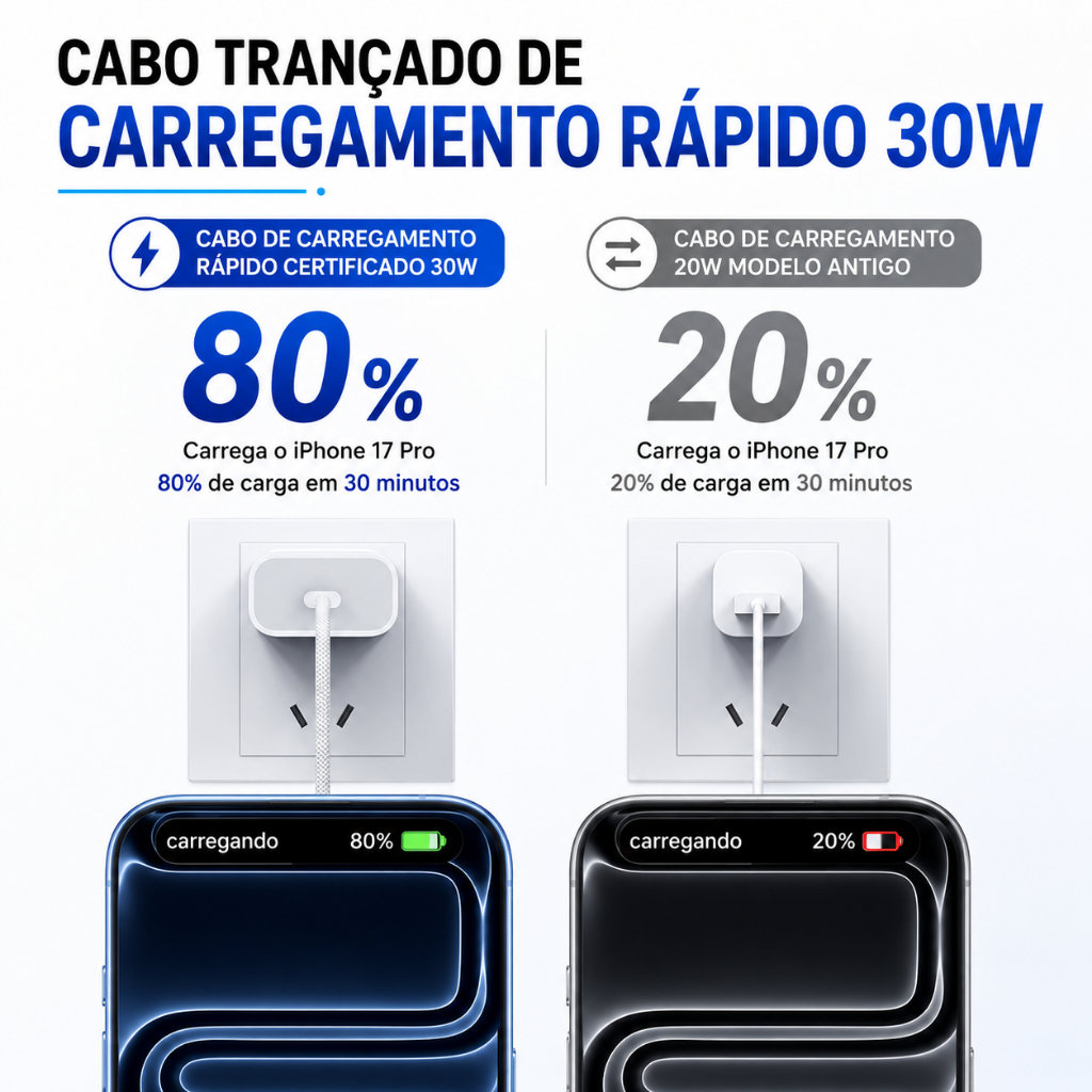Carregador USB-C 30W PD Original com Cabo Tipo C para Lightning, Carregamento Rápido iPhone 14Promax 13 12 11 8 XR XSMAX