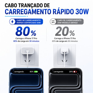 Carregador USB-C 30W PD Original com Cabo Tipo C para Lightning, Carregamento Rápido iPhone 14Promax 13 12 11 8 XR XSMAX