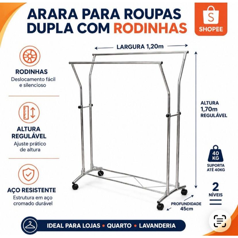 Arara Para Roupas MD Dupla, Linha Luxo Com Rodinhas