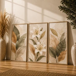 Kit 3 Quadros Decorativos Folhagens e Lírios Arte Botânica Elegante para Sala, Quarto e Corredor