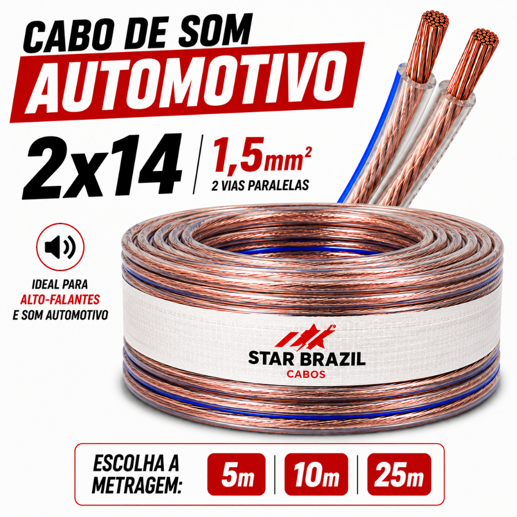 Fio Cabo de Som Automotivo Paralelo 2x14 AWG 1,5mm Cristal Alto Falante 5 10 25 Metros