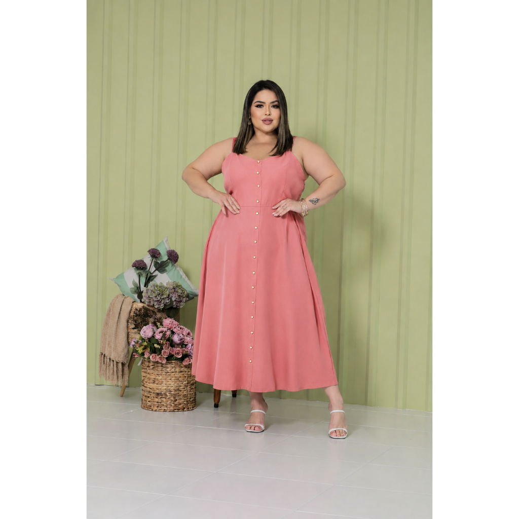 Vestido Plus Size Midi Feminino com Botões Frontais e Alças Largas