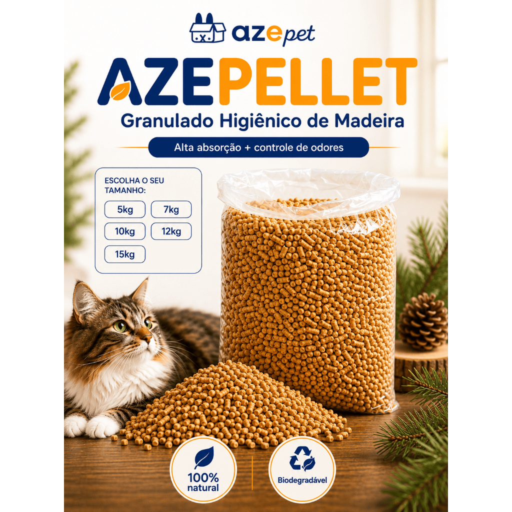 Granulado Pellet Higiênico De Madeira Azepellet 100% Natural Para Gatos Coelhos Roedores Aves Equinos Alta Absorção