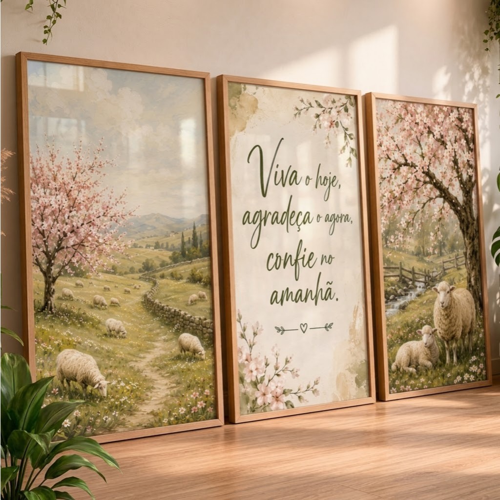 Kit 3 Quadros Decorativos Religioso Vida Leve Cordeiro Paisagem Natureza Sala Quarto Luxo