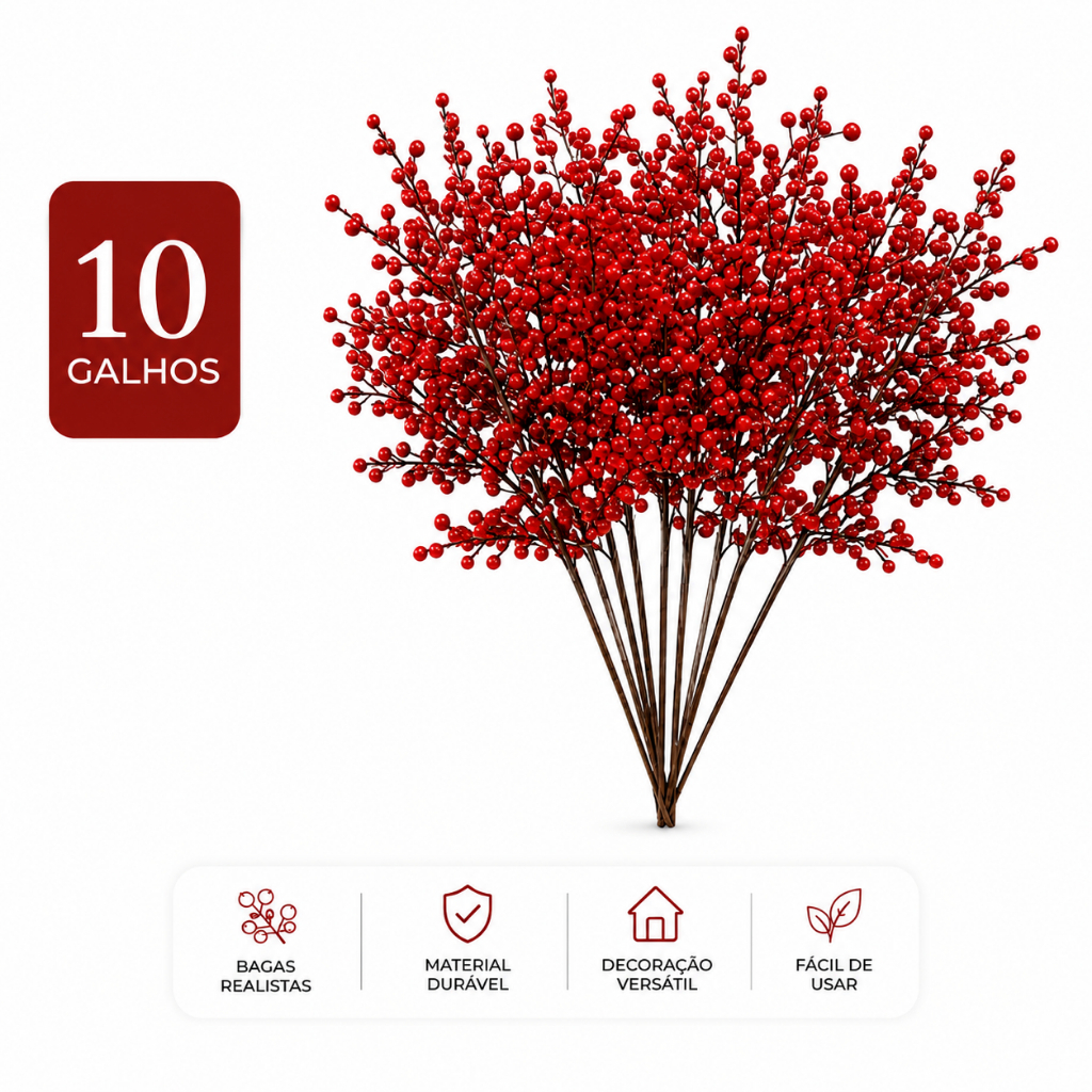 Azevinho Berry cerejinha frutas vermelhas Enfeite Árvore Natal Cereja Galho Hastes Berries Decoração Realismo