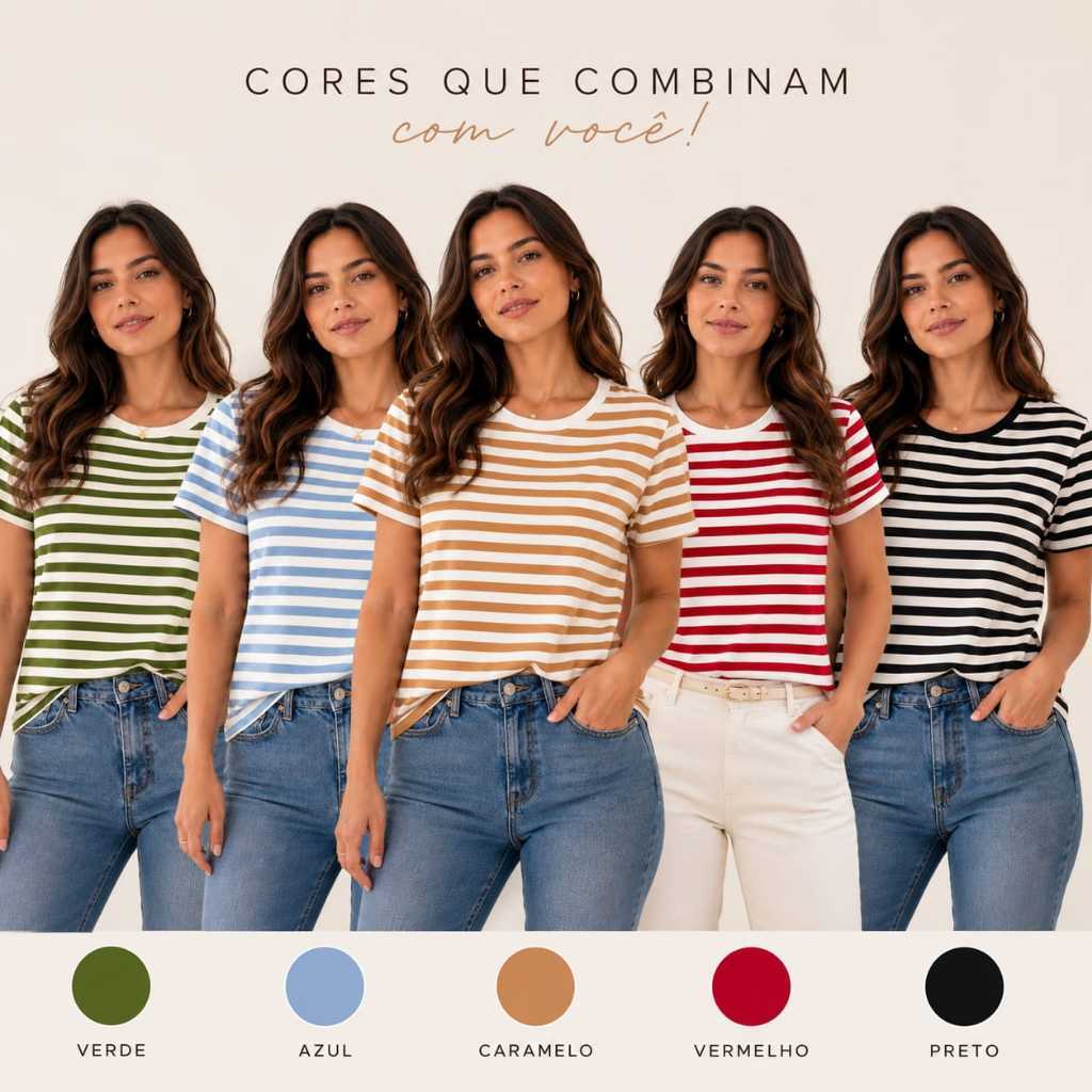 Blusa Camiseta Listrada Manga Curta - T-shirt Casual M ao GG (Moda/Lançamento) - Vermelho, Preto, Caramelo, Azul e Verde