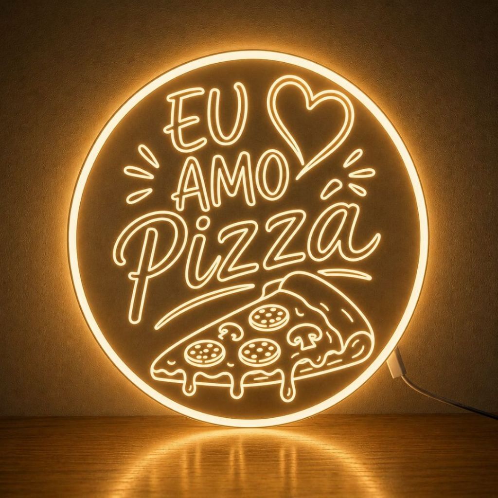 Luminária LED Neon 30cm x 30cm - Eu Amo Pizza - Placa Decorativa para Pizzaria - Restaurante - Bistrô